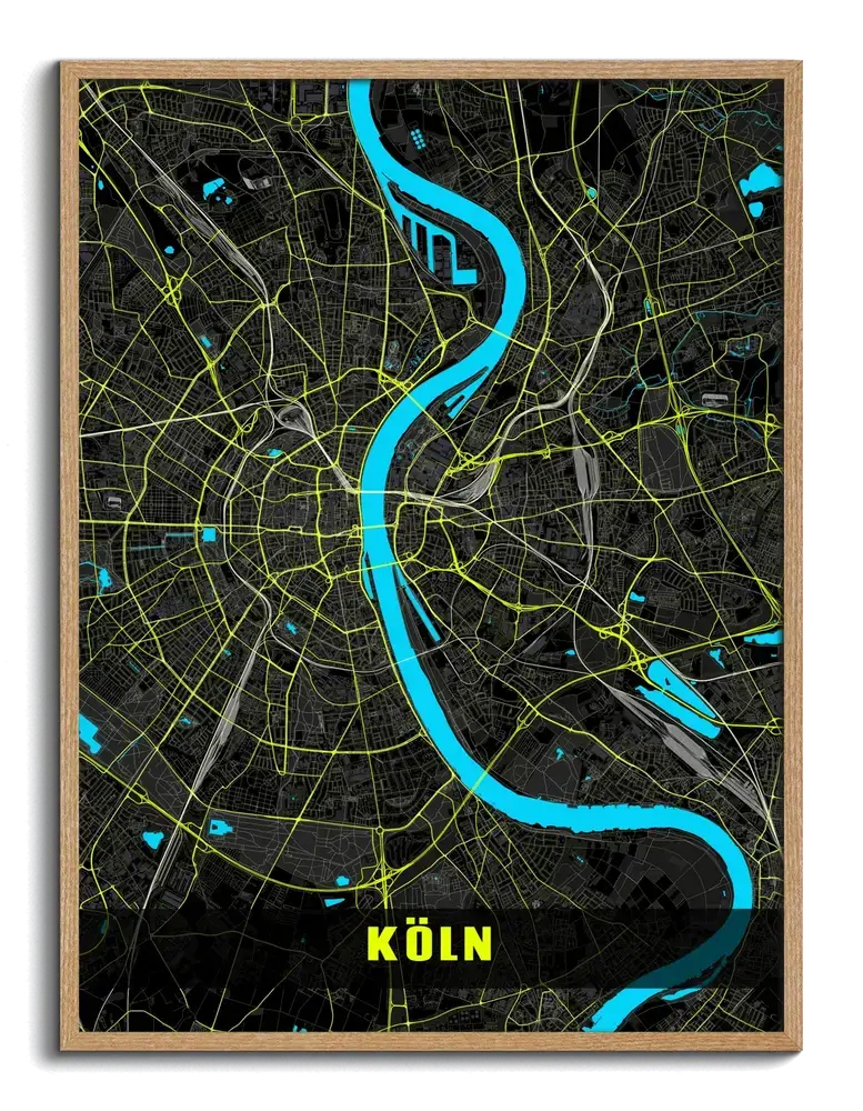 Stadskaart van Keulen in een naturel houten lijst, met een turquoise Rijn en neongele straten op zwart