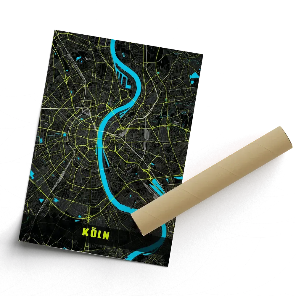 Stadskaartposter van Keulen in neonkleuren op een donkere achtergrond, zonder lijst en met een omgekrulde hoek