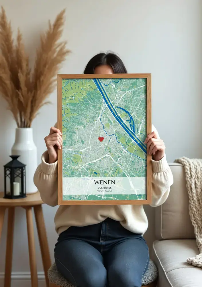 Gepersonaliseerde stadskaartposter in groen en blauw met een hartje, in een naturel houten lijst voor een bank