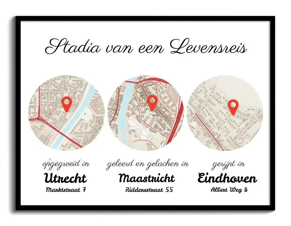 Gepersonaliseerde poster in zwarte lijst met drie ronde stadskaarten, rode locatiepinnen en teksten over levensfasen