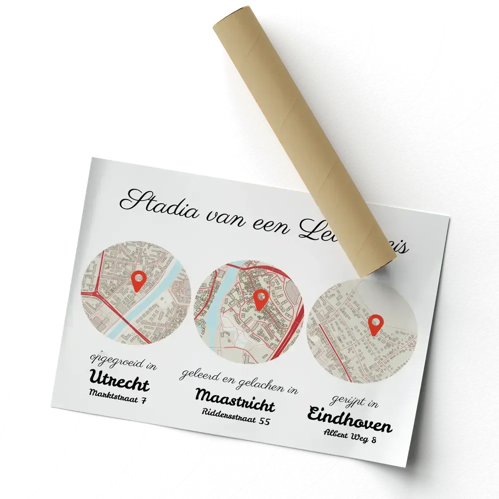 Poster met drie ronde stadskaarten naast een verzendkoker, een persoonlijk cadeau voor geliefden