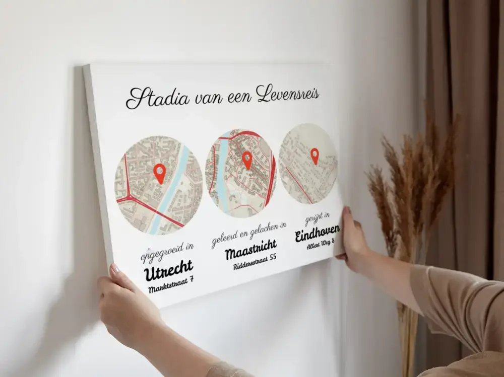 Gepersonaliseerde poster met drie ronde stadskaarten en rode locatiepinnen aan een lichte muur