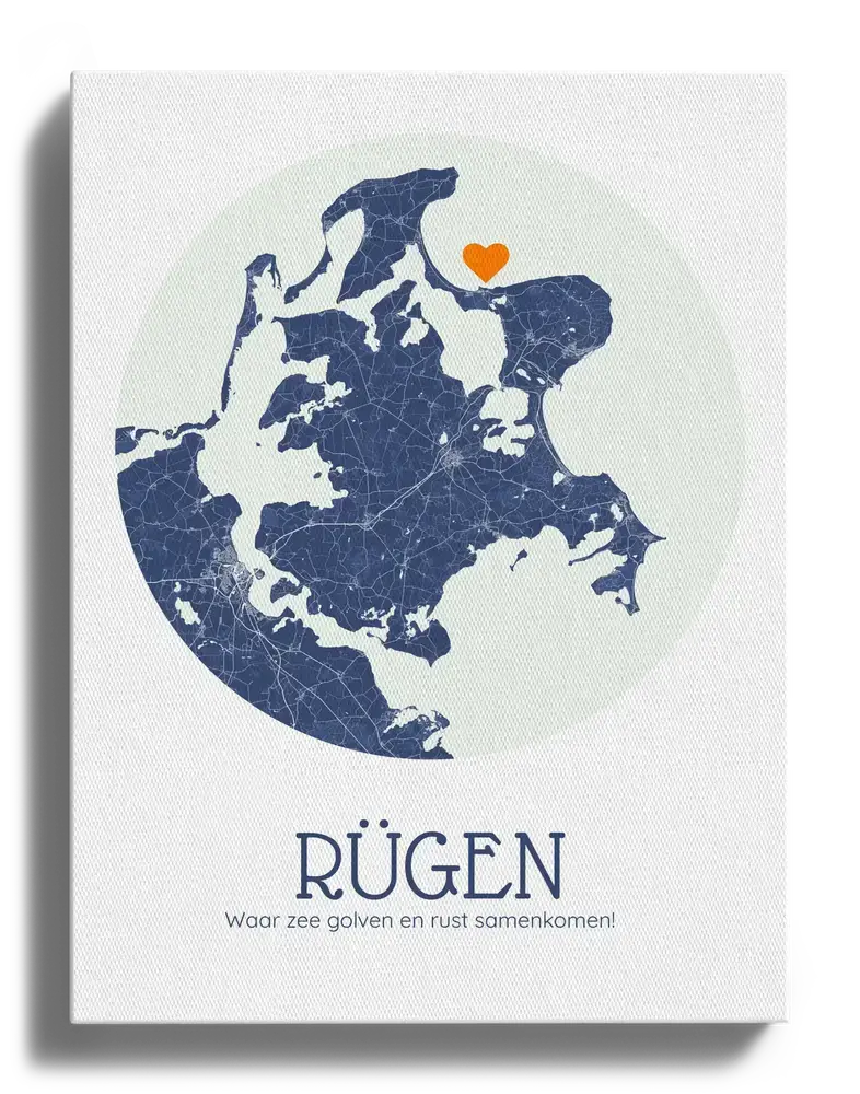 Canvas met ronde eilandkaart van Rügen in donkerblauw, een oranje hartje en persoonlijke tekst op een witte ondergrond