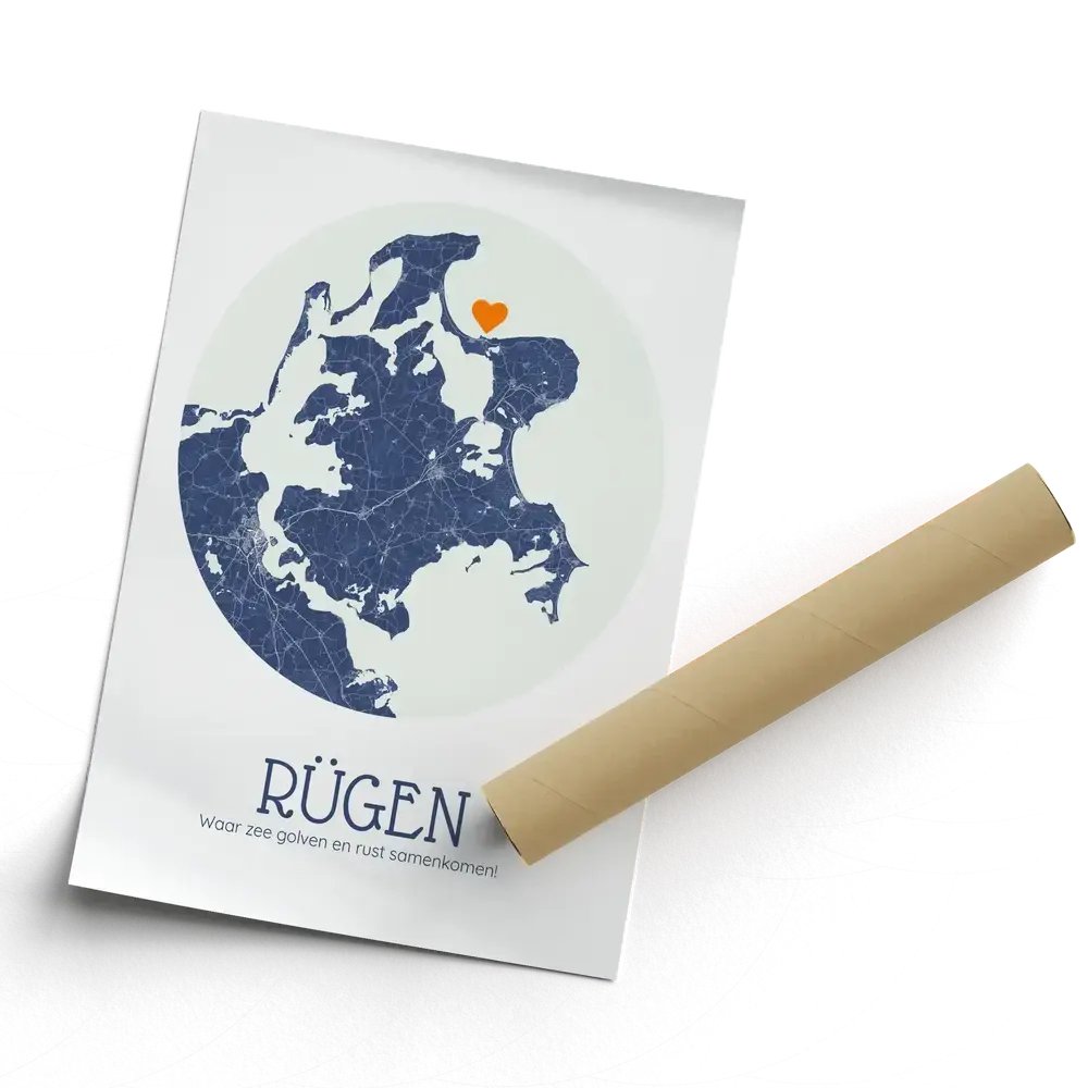 Poster met ronde blauwe kaart van Rügen en oranje hartje, schuin weergegeven met een omgekrulde hoek