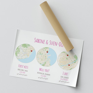 3 ronde stadskaarten – ontwerp jullie liefdesposter met namen, datum & coördinaten