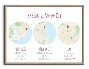 3 ronde stadskaarten – ontwerp jullie liefdesposter met namen, datum & coördinaten