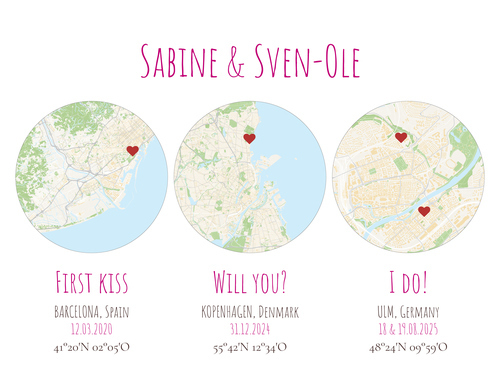 3 ronde stadskaarten – ontwerp jullie liefdesposter met namen, datum & coördinaten