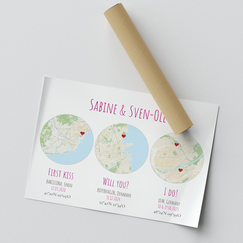 3 ronde stadskaarten – ontwerp jullie liefdesposter met namen, datum & coördinaten