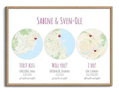 3 ronde stadskaarten – ontwerp jullie liefdesposter met namen, datum & coördinaten